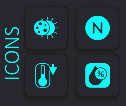 Set Water drop percentage, Eclipse of the sun, Compass north and Thermometer Stockillustratie