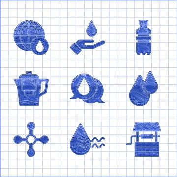 Set Water drop, Recycle clean aqua, Well with bucket, tap, jug filter, Bottle of Stock-Illustration