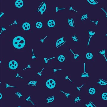 Set Water drop, Rubber plunger, Electric iron and Mop on seamless pattern Illustrazione stock