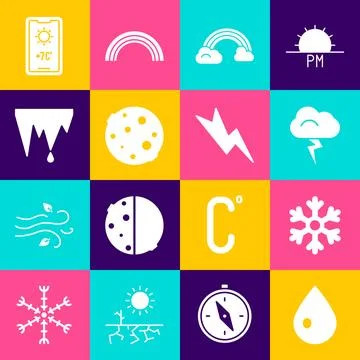 Set Water drop, Snowflake, Storm, Rainbow with clouds, Moon, Icicle, Weathe.. Ilustração Stock