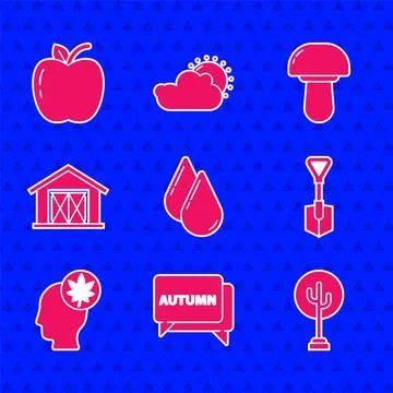 Set Water drop, Speech bubble with text autumn, Tree, Shovel, Human head leaf Ilustração Stock
