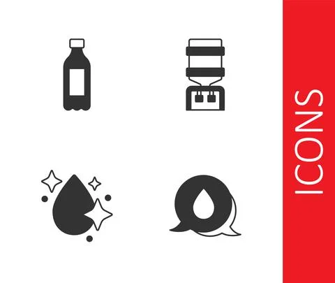 Set Water drop with speech bubbles, Bottle of water, and cooler icon. Vector Stock Illustration