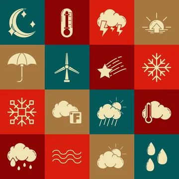 Set Water drop, Thermometer and cloud, Snowflake, Storm, Wind turbine, Classic Stock Illustration
