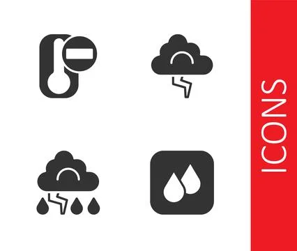 Set Water drop, Thermometer, Cloud and lightning and icon. Vector Illustrazione stock
