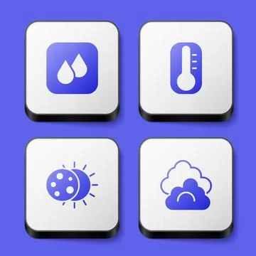 Set Water drop, Thermometer, Eclipse of the sun and Cloud icon. White square Illustrazione stock