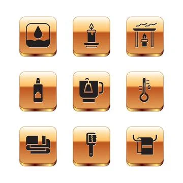 Set Water drop, Towel stack, Sauna brush, Cup of tea with tea bag, Spray can for イラスト素材