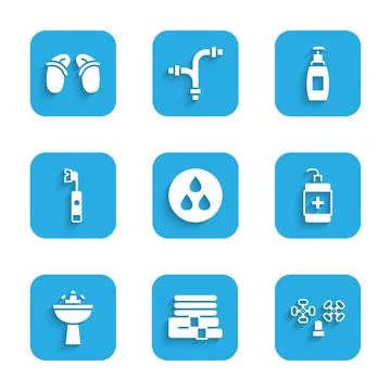 Set Water drop, Towel stack, tap, Hand sanitizer bottle, Washbasin with water 库存插图