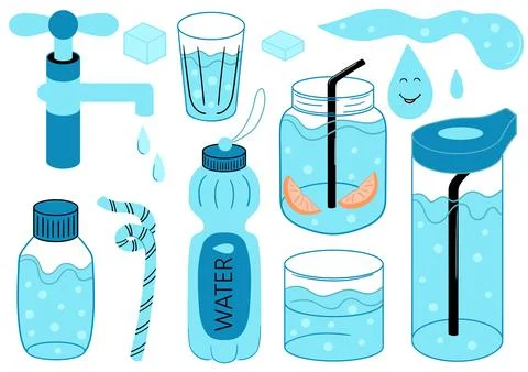 Set of water elements perfect for hydration and health themes Stock Illustration