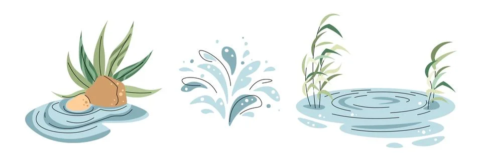 Set of water elements on white background. Illustration of pond and water i.. Stock Illustration