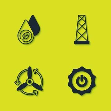 Set Water energy, Power button, Wind turbine and Antenna icon. Vector Stock Illustration