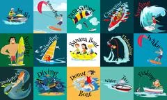 Cartoon cute doodles hand drawn water extreme sports seamless pattern. ~  Clip Art #118887247