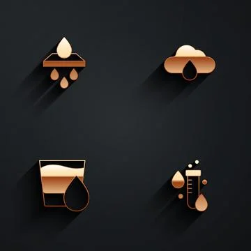 Set Water filter cartridge, Cloud with rain, Glass water and Test tube drop icon Stock Illustration