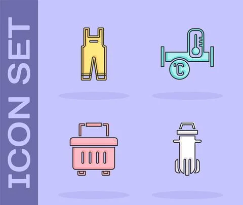 Set Water filter, Work overalls, Toolbox and Industry metallic pipe icon. Vector Stock Illustration