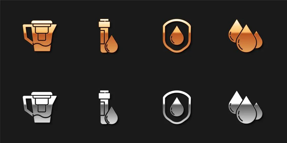 Set Water jug with a filter, Test tube water drop, Waterproof and icon. Vector Ilustração Stock