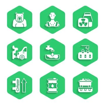 Set Water problem, Barrel oil, Coal train wagon, Deforestation, Global warm.. Illustrazione stock