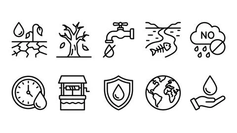 Set of water scarcity and drought line icons with global warming effects ve.. Illustrazione stock
