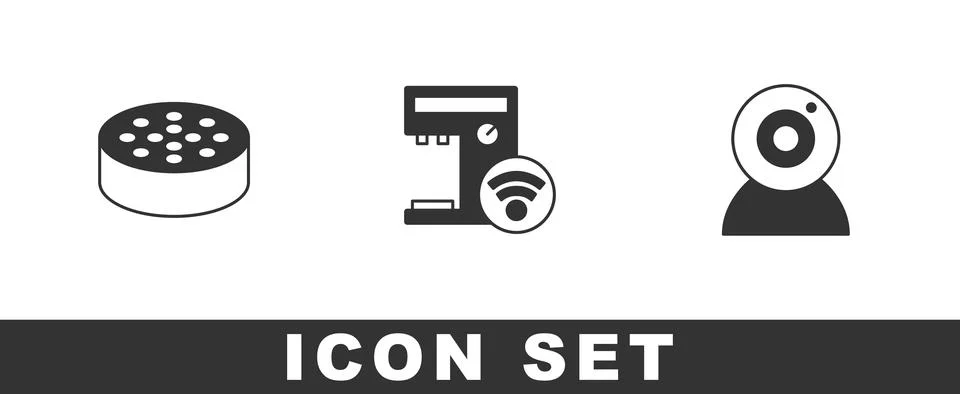 Set Water sensor, Smart coffee machine and Web camera icon. Vector Stock Illustration