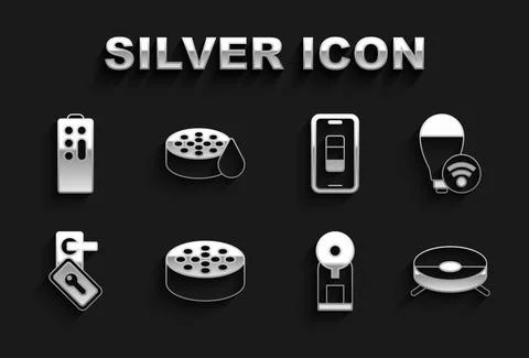 Set Water sensor, Smart light bulb, Robot vacuum cleaner, coffee machine Stock Illustration