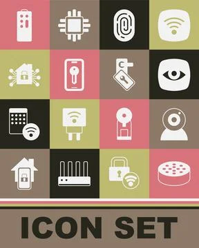 Set Water sensor, Web camera, Security, Fingerprint, Smart key, home, Remote Stock Illustration