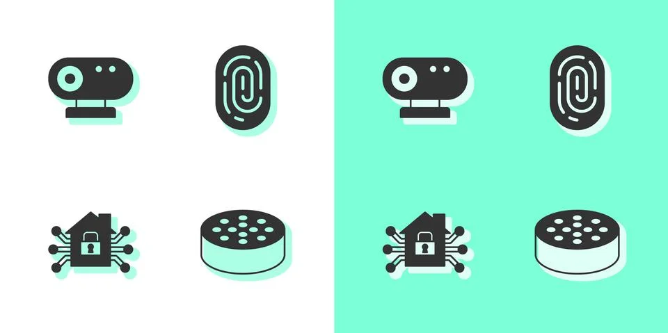 Set Water sensor, Web camera, Smart home and Fingerprint icon. Vector Stockillustratie