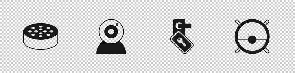Set Water sensor, Web camera, Digital door lock and Robot vacuum cleaner icon Stock Illustration