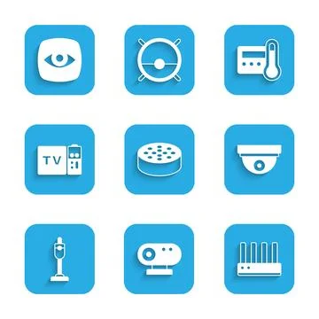 Set Water sensor, Web camera, Router and wi-fi signal, Motion, Vacuum clean.. Stock Illustration