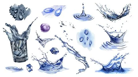Set water splashing terxture with drops, ice and glass isolated on white Illustrazione stock