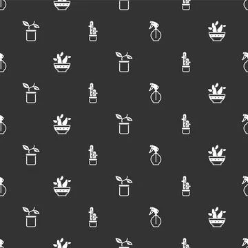 Set Water spray bottle, Cactus peyote in pot, Plant and  on seamless pattern. Illustrazione stock