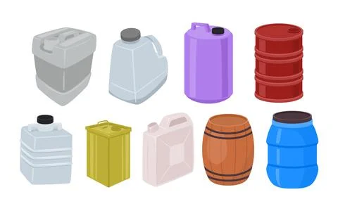 Set of water tank collection, liquid storage containers, Jerry Can, metal t.. Illustrazione stock