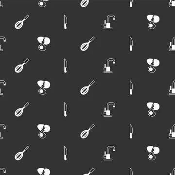 Set Water tap, Broken egg, Kitchen whisk and Knife on seamless pattern. Vector Stock Illustration
