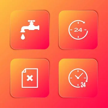 Set Water tap, Clock 24 hours, Delete file document and icon. Vector Stock Illustration
