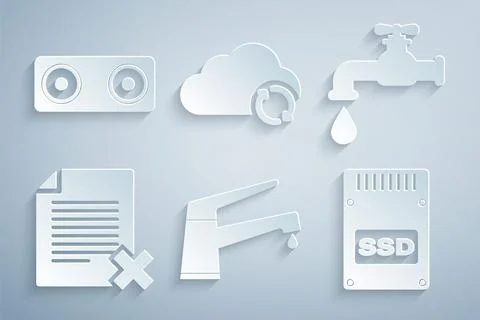 Set Water tap, , Delete file document, SSD card, Cloud sync refresh and Stereo Illustrazione stock