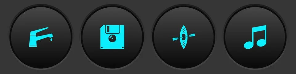 Set Water tap, Floppy disk, Kayak and paddle and Music note, tone icon. Vector Stock Illustration