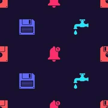 Set Water tap, Floppy disk, Bell and on seamless pattern. Vector 库存插图