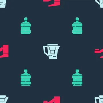 Set Water tap, jug with filter and Big bottle clean water on seamless pattern イラスト素材