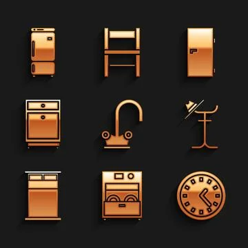 Set Water tap, Kitchen dishwasher machine, Clock, Coat stand, Big bed, Furn.. Stock Illustration