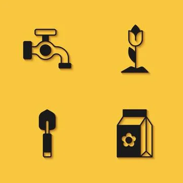 Set Water tap, Pack full of seeds, Garden trowel spade or shovel and Flower.. Illustration