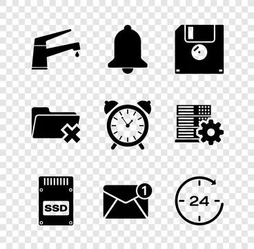 Set Water tap, Ringing bell, Floppy disk, SSD card, New, email incoming mes.. Stock Illustration
