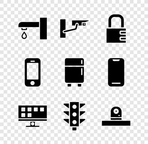 Set Water tap, Security camera, Safe combination lock, Smart Tv, Traffic light Stock Illustration