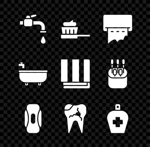 Set Water tap, Toothbrush with toothpaste, Paper towel dispenser on wall 스톡 일러스트