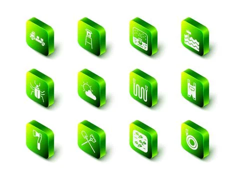 Set Water tower, Automatic irrigation sprinklers, Garden bed, worker clothes Stock Illustration