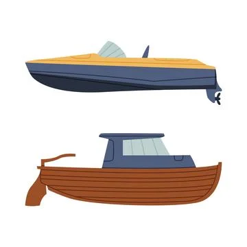 Set of water transport. Side view of schooner and motorboat cartoon vector Stock Illustration
