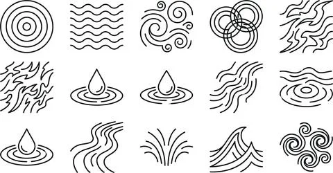 Set of water wave and ripple line icons in various shapes representing liqu.. Stock Illustration