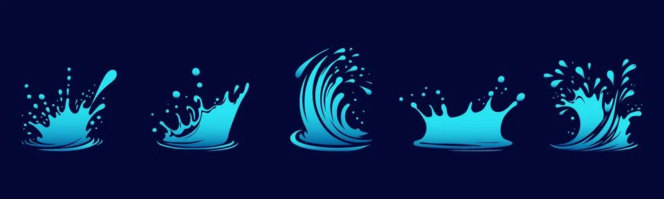Set of water wave splashes, falling aqua drops, sea or ocean waves. Blue wa.. Stock Illustration
