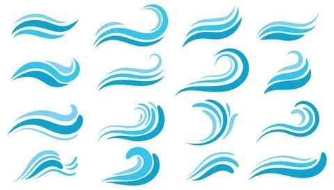 Set of water waves in flat cartoon style. Stock Illustration