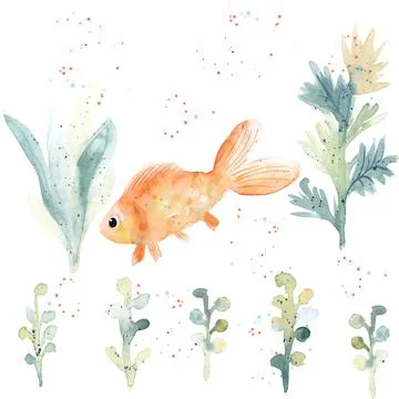 Set of watercolor aquarium plants and goldfish isolated on white background. Stock Illustration