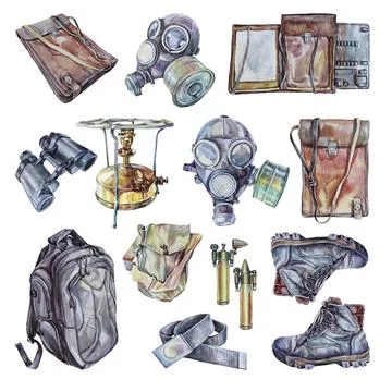 Set watercolor army stalker accessories: gas mask, retro file folder, oil stove Stock Illustration
