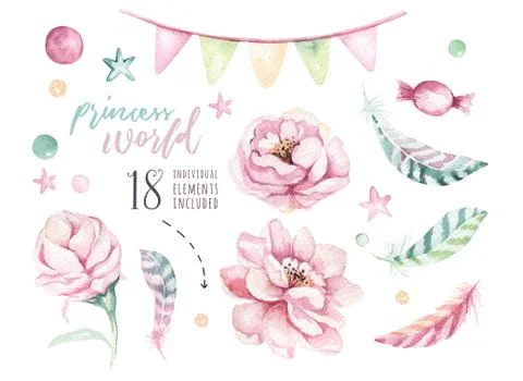 Set of watercolor boho floral elements. Foliage Watercolour bohemian natural Stock Illustration
