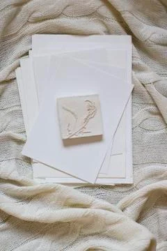 Set of watercolor clean sheets, plaster figures. Flatlay, top view. Stock Photos