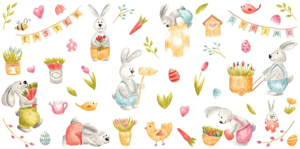Set of watercolor Easter elements. Spring kids illustration with Easter Bunny Stock Illustration